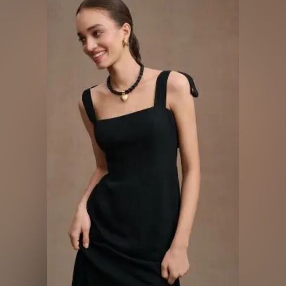 BHLDN Clara Shoulder-Tie Square-Neck Georgette Gown BLACK - Picture 2 of 2